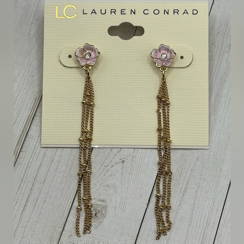 *3/$25* NEW LC Lauren Conrad Pink Flower Gold Chain Earrings